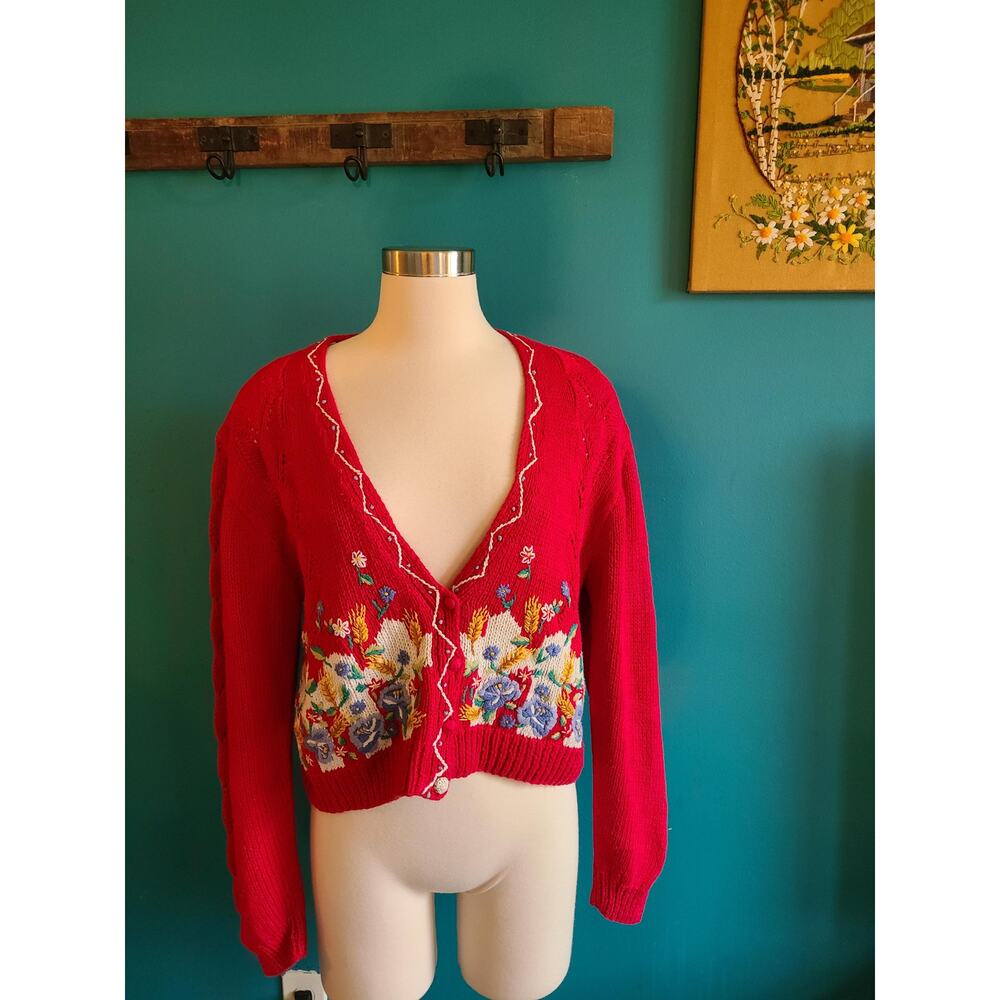 Vintage 90s cotton ramie cardigan cottagecore novelty print medium grandmacore